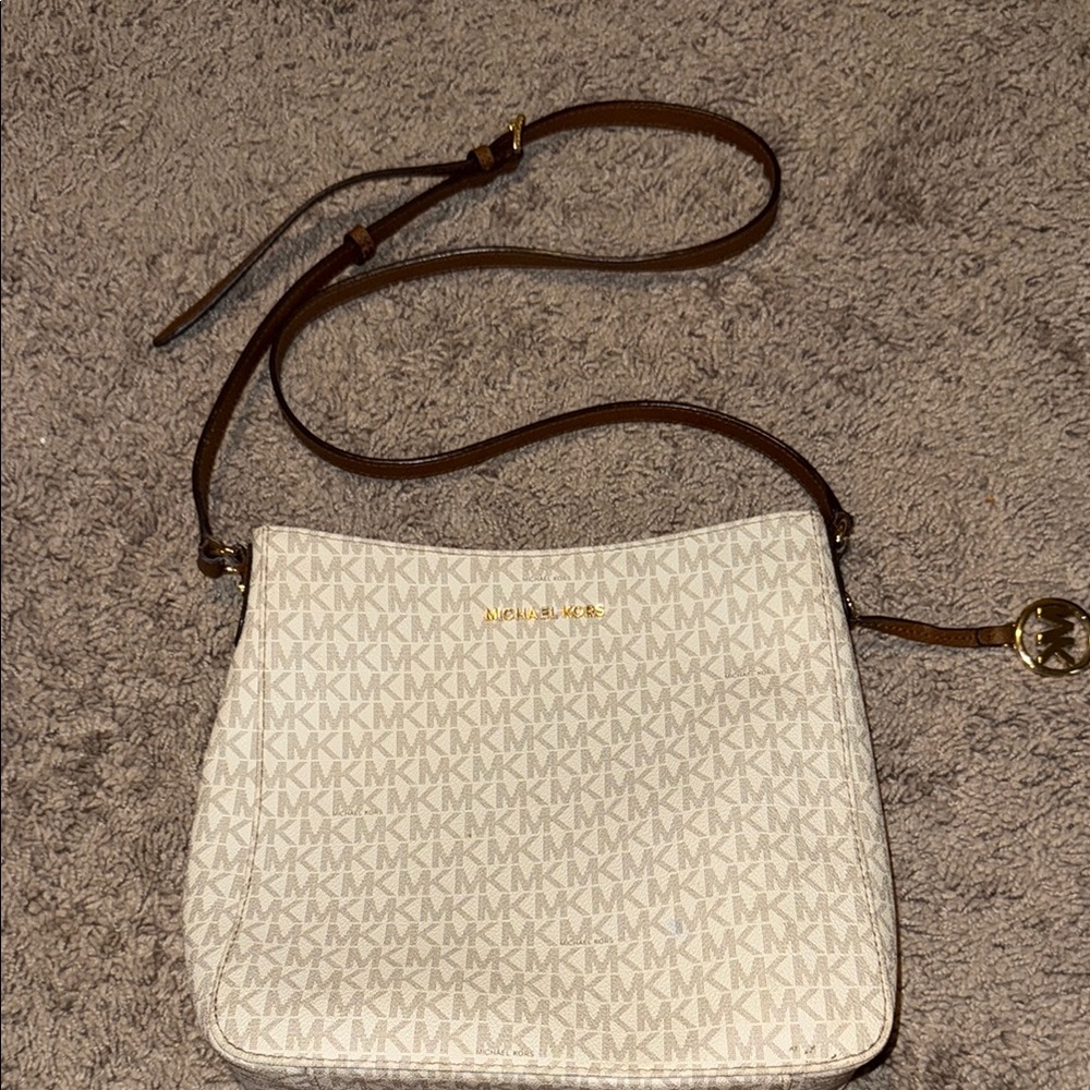 Michael Kors White and Brown Crossbody Bag with Gold-Tone Hardware